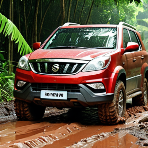 Home 4 Aggressive Mud-Terrain Tires in a Muddy Jungle**
* Prompt: "SsangYong Rexton conquering a muddy jungle trail in Malaysia, fitted with aggressive mud-terrain tires. Red mud splatters, lush green foliage, dynamic action shot."
**