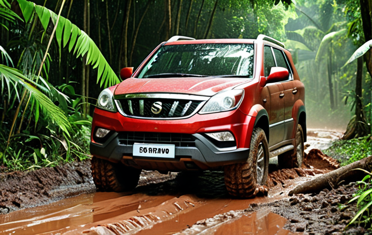 Aggressive Mud-Terrain Tires in a Muddy Jungle**
* Prompt: "SsangYong Rexton conquering a muddy jungle trail in Malaysia, fitted with aggressive mud-terrain tires. Red mud splatters, lush green foliage, dynamic action shot."
**