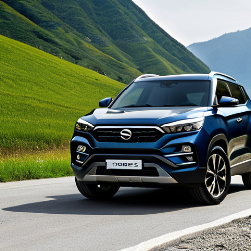 A bold and distinctive SsangYong Torres SUV, showcasing its rugged design and adventurous spirit. The vehicle features a prominent front grille, striking vertical LED daytime running lights, and sharp body lines, set against a backdrop of a scenic mountain road bathed in natural light. The unique rear design gives a dynamic impression, emphasizing its readiness for exploration. Professional photography, high quality, perfect anatomy, correct proportions, natural pose, safe for work, appropriate content, fully clothed, family-friendly.