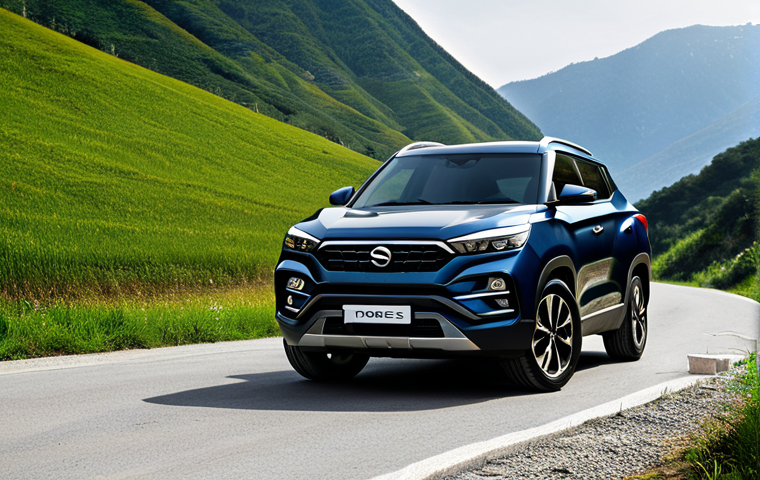 A bold and distinctive SsangYong Torres SUV, showcasing its rugged design and adventurous spirit. The vehicle features a prominent front grille, striking vertical LED daytime running lights, and sharp body lines, set against a backdrop of a scenic mountain road bathed in natural light. The unique rear design gives a dynamic impression, emphasizing its readiness for exploration. Professional photography, high quality, perfect anatomy, correct proportions, natural pose, safe for work, appropriate content, fully clothed, family-friendly.
