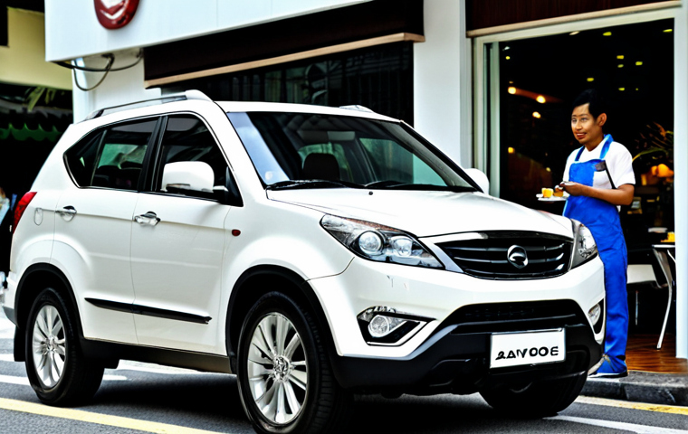 SsangYong Torres - Bold Exterior Design**
"A SsangYong Torres SUV, parked in front of a trendy cafe in Bukit Bintang, Kuala Lumpur, fully clothed, appropriate attire, safe for work, professional photography, well-formed hands, proper finger count, natural body proportions, daytime, showcasing its bold and unique design with strong lines and iconic front grille, family-friendly"
**